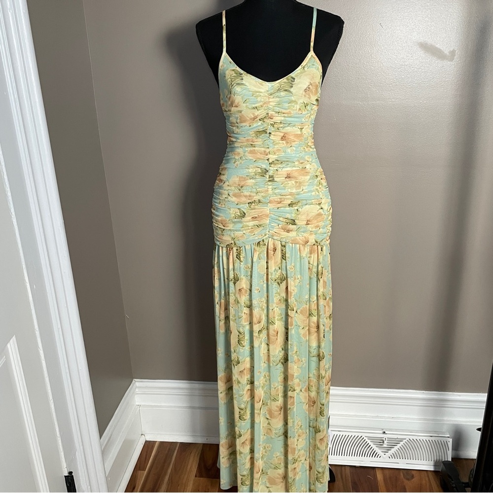 ASOS NWT Mint Floral Ruched Drop-Waist Maxi Dress, US 4